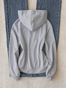 Girlism 青少年女孩秋冬新款基礎街頭風休閒灰色素色針織小Logo刺繡圖案拉鍊連帽修身運動外套，返校季 - 灰色 - 查看 2