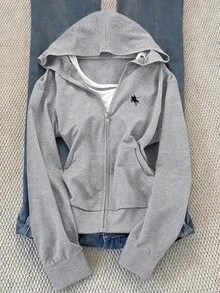 Girlism 青少年女孩秋冬新款基礎街頭風休閒灰色素色針織小Logo刺繡圖案拉鍊連帽修身運動外套，返校季 - 灰色 - 查看 3