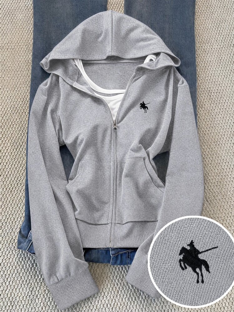 Girlism Teen Girl Teen Girls Sweatshirts Autumn/Winter New Basic Street Style Casual Grey Solid Color Knit Small Logo Embroidered Pattern Zip-Up Hooded Slim Fit Sweatshirt Jacket, Back To School Season - Grey - View 1