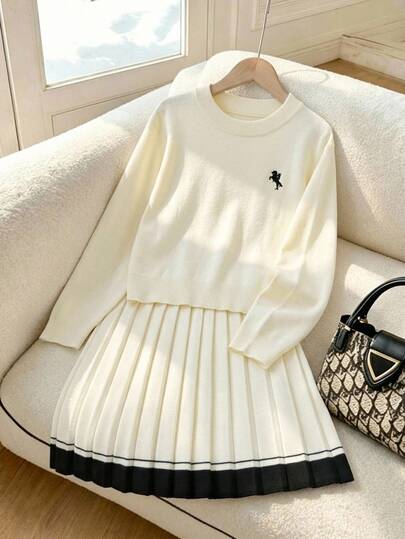 SHEIN Genkimix Kids Tween Girl Winter Knit 2 Pieces Set, Beige Apricot Embroidered LOGO Cute Knit Crew Neck Pullover Sweater With Black & Beige Apricot Pleated Skirt, Cute Elegant , Soft Comfortable Fabric Suitable For Spring/Autumn Single Wear And Winter Layering, Casual Outings Gatherings Campus Style For Various Occasions