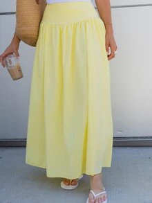Andrea Bello Women's Plain Zip Up Gathered Casual Yellow Skirt, Summer Winter Spring - Yellow - View 6
