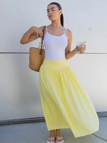 Andrea Bello Women's Plain Zip Up Gathered Casual Yellow Skirt, Summer Winter Spring - Yellow - View 3