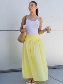 Andrea Bello Women's Plain Zip Up Gathered Casual Yellow Skirt, Summer Winter Spring - Yellow - View 4