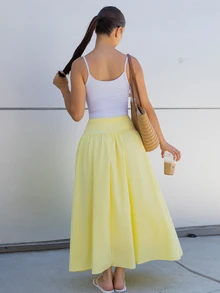 Andrea Bello Women's Plain Zip Up Gathered Casual Yellow Skirt, Summer Winter Spring - Yellow - View 2