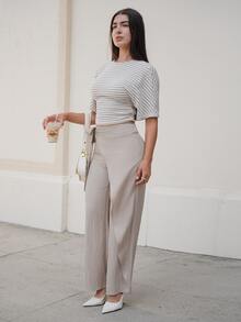 Andrea Bello Women's Elegant Loose Wide Leg Pants, Fashion Versatile, Apricot Color Trousers - Green - View 2
