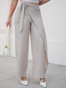 Andrea Bello Women's Elegant Loose Wide Leg Pants, Fashion Versatile, Apricot Color Trousers - Green - View 7