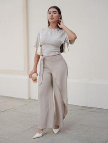 Andrea Bello Women's Elegant Loose Wide Leg Pants, Fashion Versatile, Apricot Color Trousers - Green - View 4