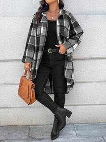 EMERY ROSE 1pc Women's Long Plaid Print Raglan Sleeve Front Zip Up Hooded Coat Fall Winter Cloth For Women Autumn - Grey - View 4