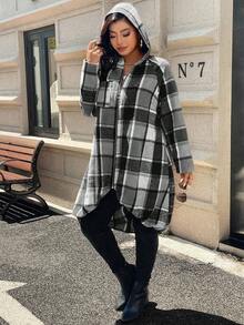 EMERY ROSE 1pc Women's Long Plaid Print Raglan Sleeve Front Zip Up Hooded Coat Fall Winter Cloth For Women Autumn - Grey - View 8