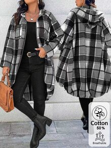 EMERY ROSE 1pc Women's Long Plaid Print Raglan Sleeve Front Zip Up Hooded Coat Fall Winter Cloth For Women Autumn - Grey - View 1