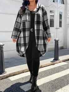EMERY ROSE 1pc Women's Long Plaid Print Raglan Sleeve Front Zip Up Hooded Coat Fall Winter Cloth For Women Autumn - Grey - View 7