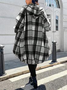 EMERY ROSE 1pc Women's Long Plaid Print Raglan Sleeve Front Zip Up Hooded Coat Fall Winter Cloth For Women Autumn - Grey - View 2