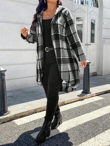 EMERY ROSE 1pc Women's Long Plaid Print Raglan Sleeve Front Zip Up Hooded Coat Fall Winter Cloth For Women Autumn - Grey - View 3