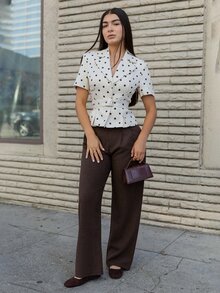 Andrea Bello Women's Black White Polka Dot,Summer,Elegant,Brunch Blazer Jacket,Waist-Cinched Wide Shoulder Design,Adjustable Belt,Minimalist Urban Chic Commute - Beige - View 3
