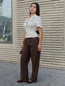 Andrea Bello Women's Black White Polka Dot,Summer,Elegant,Brunch Blazer Jacket,Waist-Cinched Wide Shoulder Design,Adjustable Belt,Minimalist Urban Chic Commute - Beige - View 5
