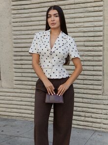 Andrea Bello Women's Black White Polka Dot,Summer,Elegant,Brunch Blazer Jacket,Waist-Cinched Wide Shoulder Design,Adjustable Belt,Minimalist Urban Chic Commute - Beige - View 1