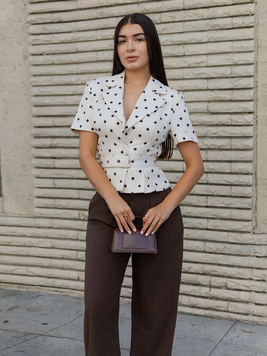 Andrea Bello Women's Black White Polka Dot,Summer,Elegant,Brunch Blazer Jacket,Waist-Cinched Wide Shoulder Design,Adjustable Belt,Minimalist Urban Chic Commute - Beige - View 1