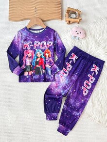 SHEIN 女童休閒日常百搭舒適長袖卡通人像螢光印花長褲兩件套修身款 - 紫色 - 查看 1