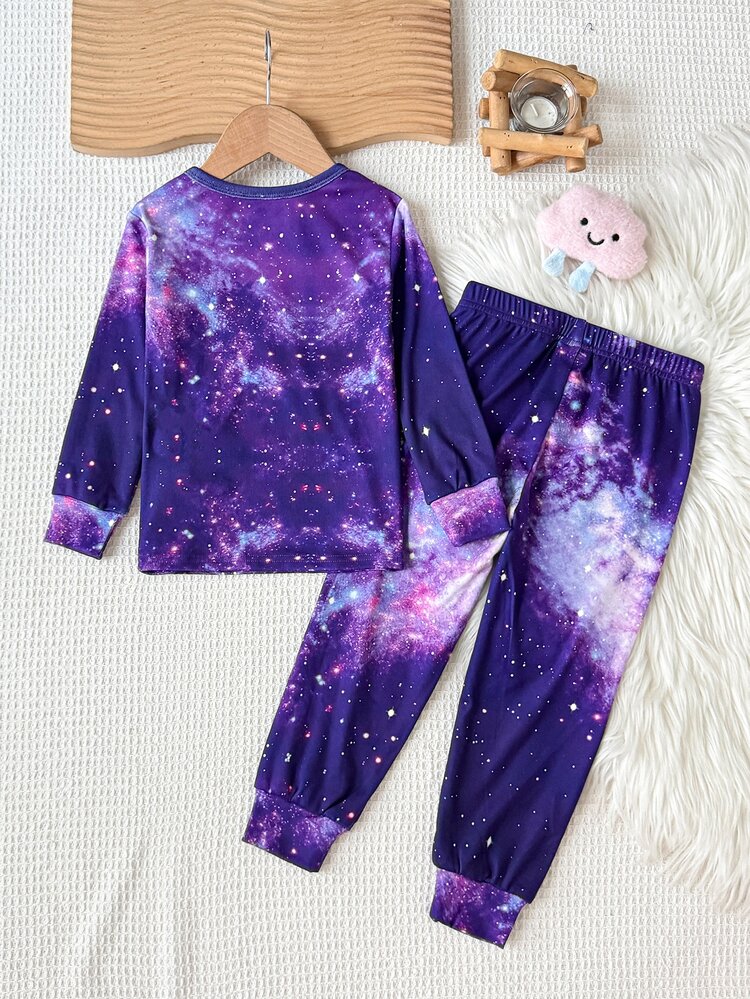 SHEIN Young Girl Casual Daily Versatile Comfortable Long Sleeve Cartoon Portrait Glow-In-The-Dark Print And Long Pants 2-Piece Set Slim Fit - Purple - View 2