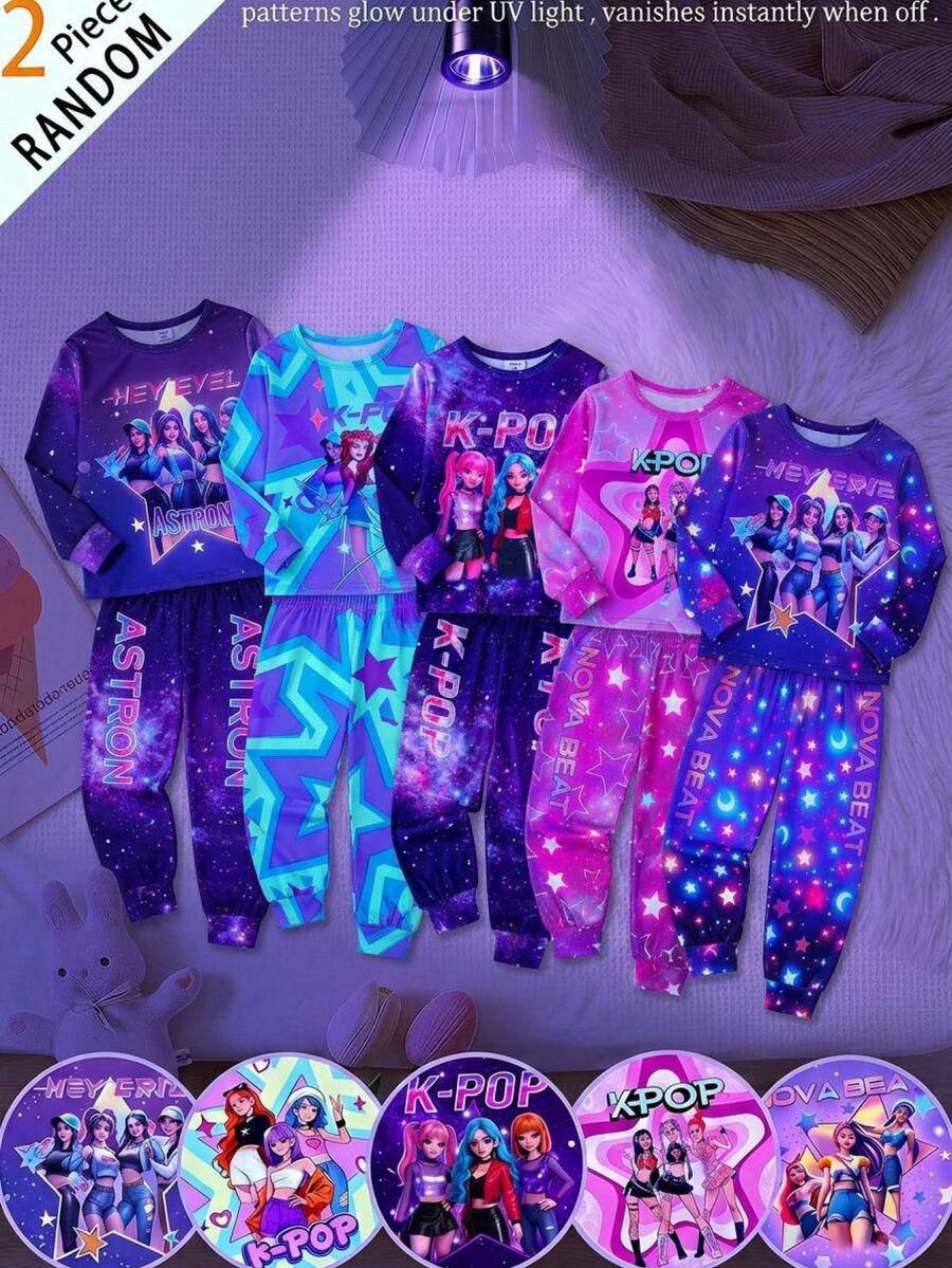 SHEIN Young Girl Casual Daily Versatile Comfortable Long Sleeve Cartoon Portrait Glow-In-The-Dark Print And Long Pants 2-Piece Set Slim Fit - Purple - View 1
