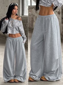 Coolane 女款與男款夏季街頭風休閒運動服 外出簡約基礎日常穿搭 灰色寬鬆低腰寬腿運動長褲 有口袋 - 淺灰色 - 查看 2