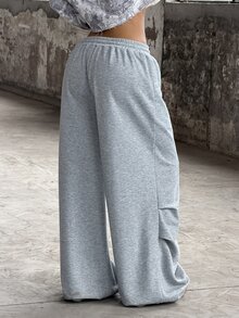 Coolane 女款與男款夏季街頭風休閒運動服 外出簡約基礎日常穿搭 灰色寬鬆低腰寬腿運動長褲 有口袋 - 淺灰色 - 查看 5