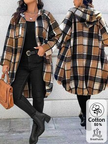 EMERY ROSE Plus Size Women's Printed Raglan Sleeve Zip-Up Hooded Long Plaid Fall Coat Winter Autumn - Multicolor - View 1