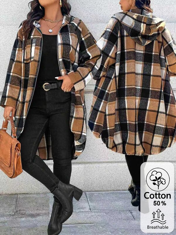 EMERY ROSE Plus Size Women's Printed Raglan Sleeve Zip-Up Hooded Long Plaid Fall Coat Winter Autumn