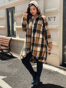 EMERY ROSE Plus Size Women's Printed Raglan Sleeve Zip-Up Hooded Long Plaid Fall Coat Winter Autumn - Multicolor - View 7