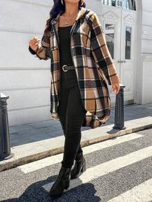 EMERY ROSE Plus Size Women's Printed Raglan Sleeve Zip-Up Hooded Long Plaid Fall Coat Winter Autumn - Multicolor - View 5