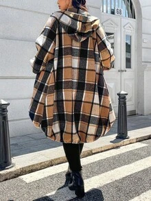 EMERY ROSE Plus Size Women's Printed Raglan Sleeve Zip-Up Hooded Long Plaid Fall Coat Winter Autumn - Multicolor - View 2