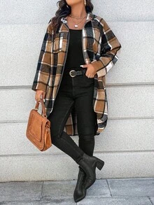 EMERY ROSE Plus Size Women's Printed Raglan Sleeve Zip-Up Hooded Long Plaid Fall Coat Winter Autumn - Multicolor - View 6