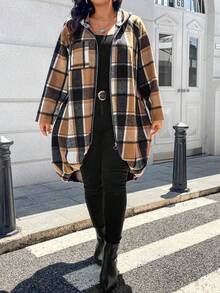 EMERY ROSE Plus Size Women's Printed Raglan Sleeve Zip-Up Hooded Long Plaid Fall Coat Winter Autumn - Multicolor - View 3