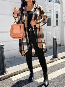 EMERY ROSE Plus Size Women's Printed Raglan Sleeve Zip-Up Hooded Long Plaid Fall Coat Winter Autumn - Multicolor - View 8