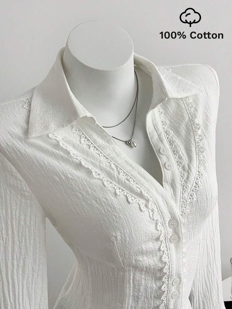Elamini Women's Lace Patchwork V-Neck Elegant Commuter Flared Long Sleeve Cotton Shirt - White - View 1