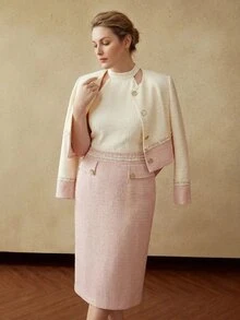MOTF PREMIUM PLUS SIZE WOMEN'S ELEGANT COLORBLOCK APRICOT AND PINK TEXTURED METAL BUTTON JACKET WINTER - Apricot - View 7