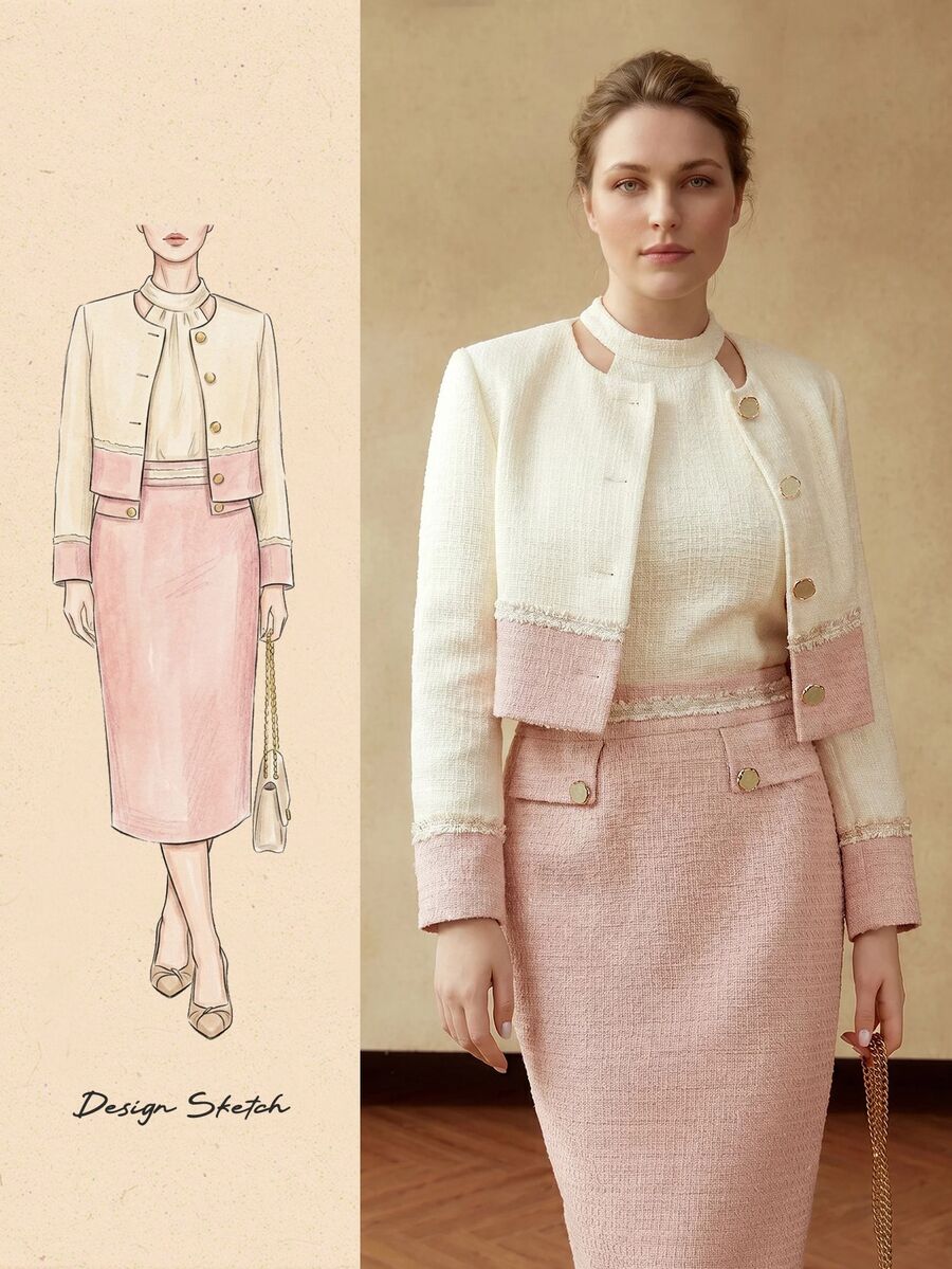 MOTF PREMIUM PLUS SIZE WOMEN'S ELEGANT COLORBLOCK APRICOT AND PINK TEXTURED METAL BUTTON JACKET WINTER - Apricot - View 1