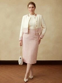MOTF PREMIUM PLUS SIZE WOMEN'S ELEGANT COLORBLOCK APRICOT AND PINK TEXTURED METAL BUTTON JACKET WINTER - Apricot - View 5
