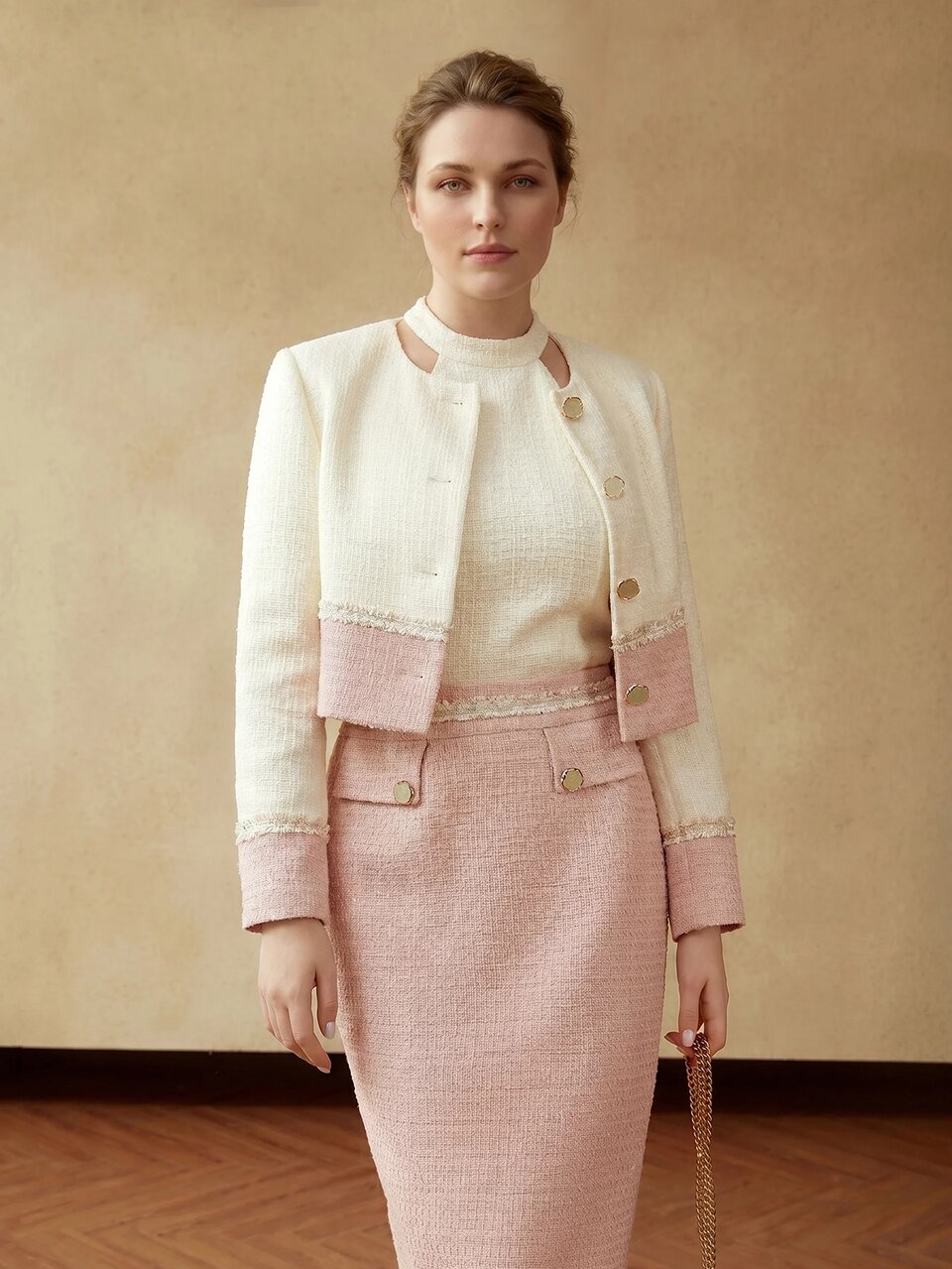 MOTF PLUS SIZE WOMEN'S ELEGANT COLORBLOCK APRICOT AND PINK TEXTURED METAL BUTTON JACKET WINTER