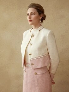 MOTF PREMIUM PLUS SIZE WOMEN'S ELEGANT COLORBLOCK APRICOT AND PINK TEXTURED METAL BUTTON JACKET WINTER - Apricot - View 3