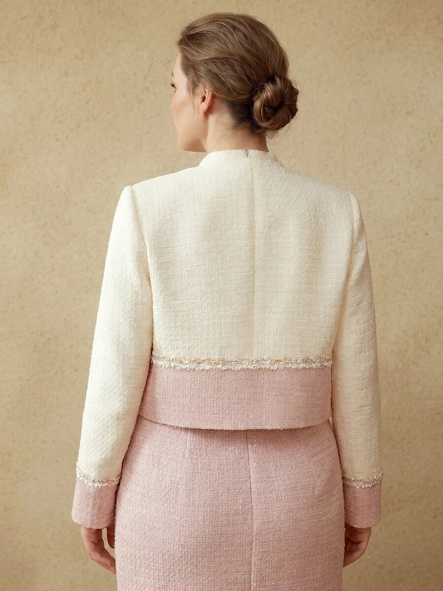 MOTF PREMIUM PLUS SIZE WOMEN'S ELEGANT COLORBLOCK APRICOT AND PINK TEXTURED METAL BUTTON JACKET WINTER - Apricot - View 2