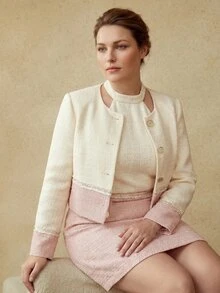 MOTF PREMIUM PLUS SIZE WOMEN'S ELEGANT COLORBLOCK APRICOT AND PINK TEXTURED METAL BUTTON JACKET WINTER - Apricot - View 8