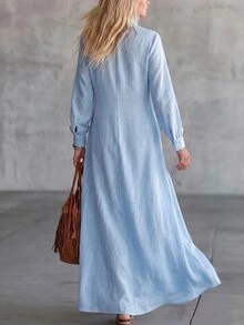 Everyssa Vintage Fashion A-Line Open Front Long Sleeve Casual Commuter Dress With Elegant Sophisticated Vibe For Women - Blue - View 2