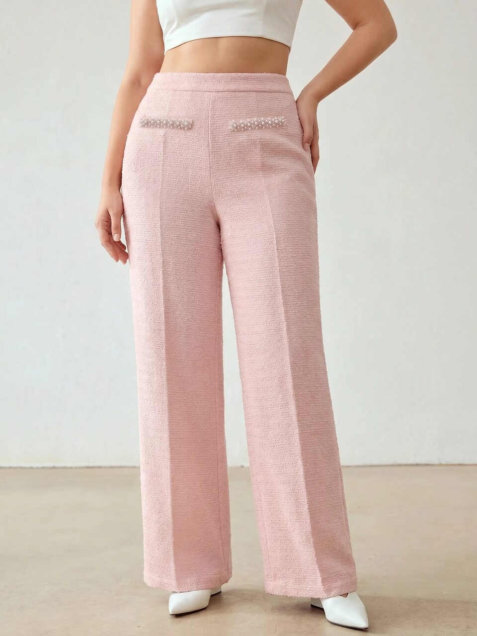 MOTF Pantalones elegantes con textura y adornos de perlas para mujer talla grande, invierno