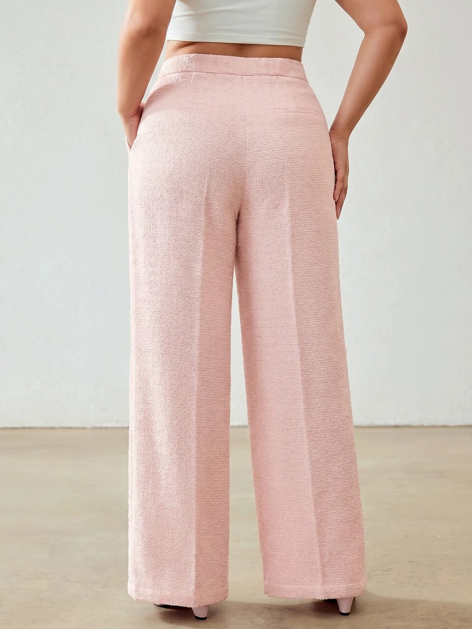 MOTF Pantalones elegantes con textura y adornos de perlas para mujer talla grande, invierno
