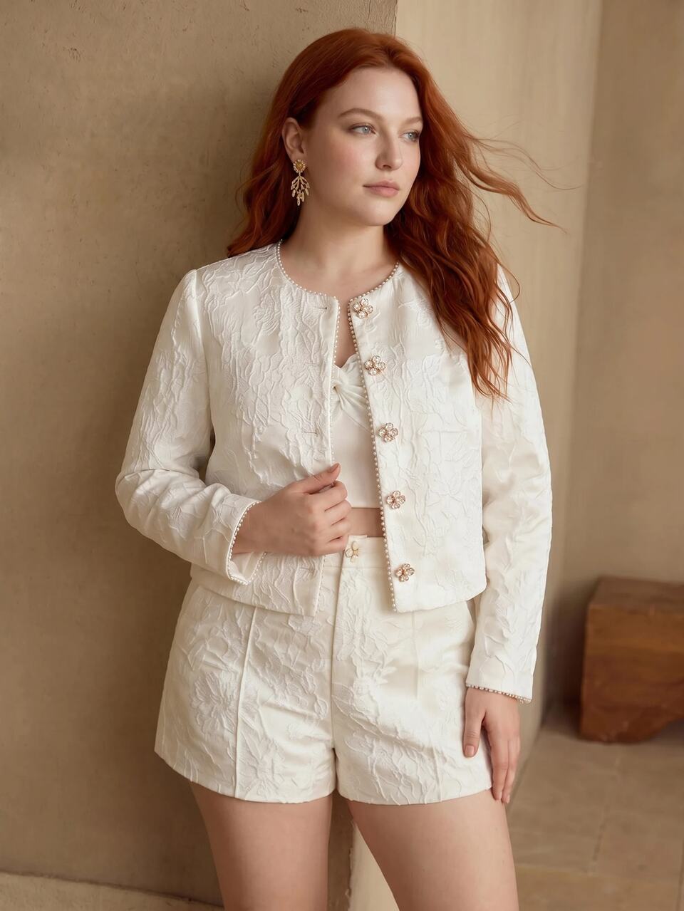 MOTF PLUS SIZE SPRING/SUMMER JACQUARD FAUX PEARL & RHINESTONE EMBELLISHED JACKET FALL