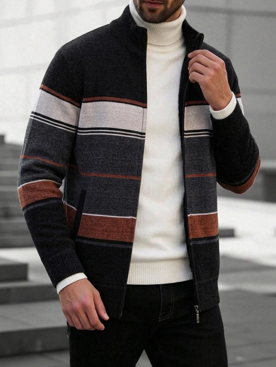 Manfinity Mode Men's Striped Fleece-Lined Stand Collar Knit Cardigan Sweater Long Sleeve Open Front Warm Jacket For Autumn & Winter - Black - View 1