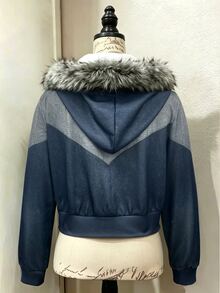 Lalippa Women's Fashion Denim Effect Print Pocket Zipper Long Sleeve Hooded Sweatshirt - Multicolor - View 2