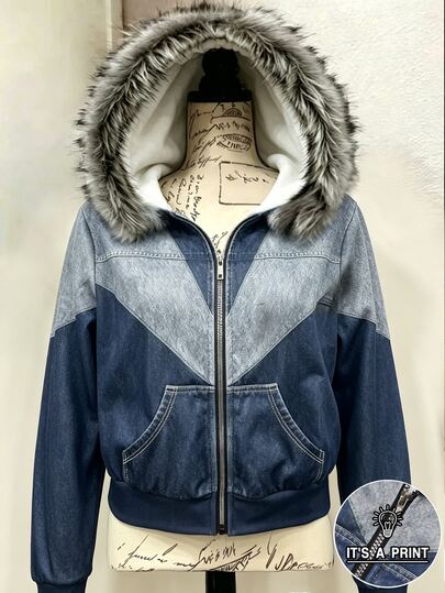 Lalippa Women's Fashion Denim Effect Print Pocket Zipper Long Sleeve Hooded Sweatshirt