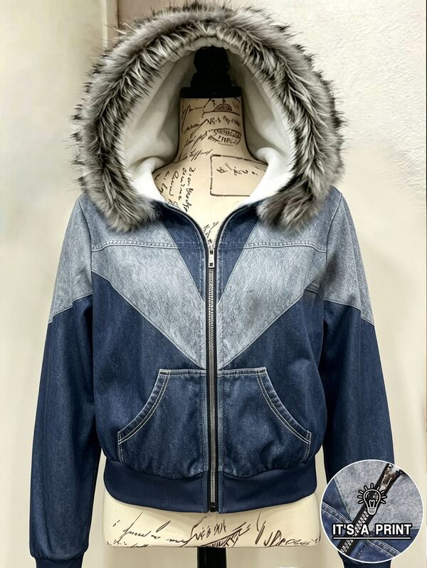 Lalippa Women's Fashion Denim Effect Print Pocket Zipper Long Sleeve Hooded Sweatshirt
